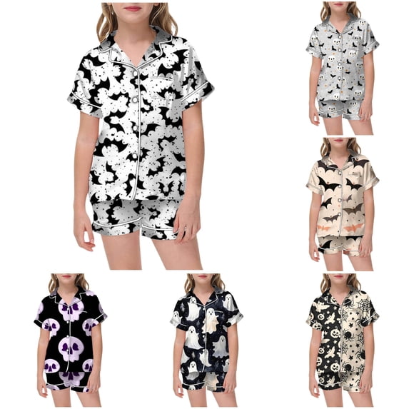 HCYSFG Girls Halloween Pajama Sets Print 2 Piece Notch Neck Short Sleeve Contrast Piping Lounge Set Button Front Shirt And Shorts Sleepwear Sets