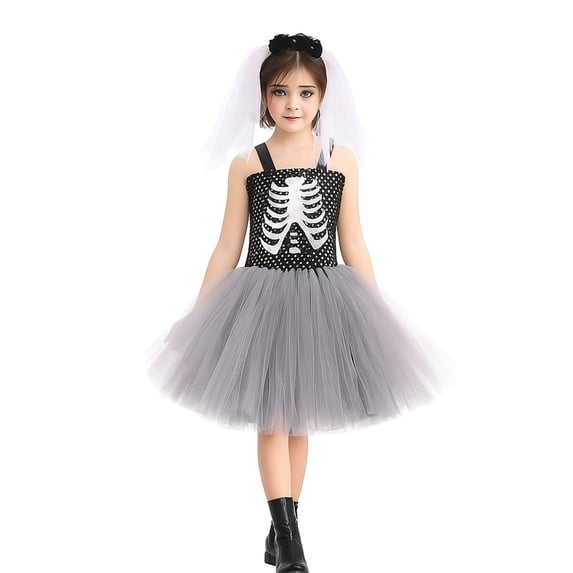 HCYSFG Girls Halloween Skeleton Sets 3 Piece Tutu Dress Cosplay Outfit Sleeveless Skull Print Accessories Party