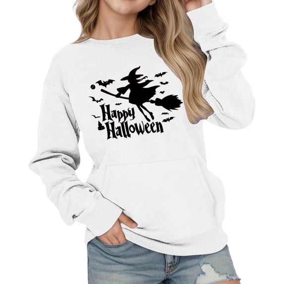 HCYSFG Girls Halloween Sweatshirts Witch Graphic Plus Size Crewneck Long Sleeve Loose Fit Casual Shirts Drop Shoulder Pullover Tops