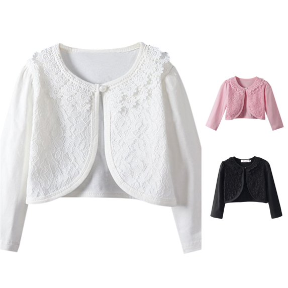 HCYSFG Girls Lace Cardigan Open Front Long Sleeve Floral Lace Overlay Single Pearl Button Cropped Dressy Shrug Party Bolero Tops