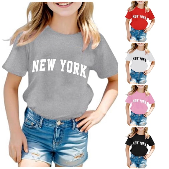 HCYSFG Girls New York T Shirts City Letter Graphic Crewneck Short Sleeve Collegiate Style Casual Graphic Tees Summer Tops
