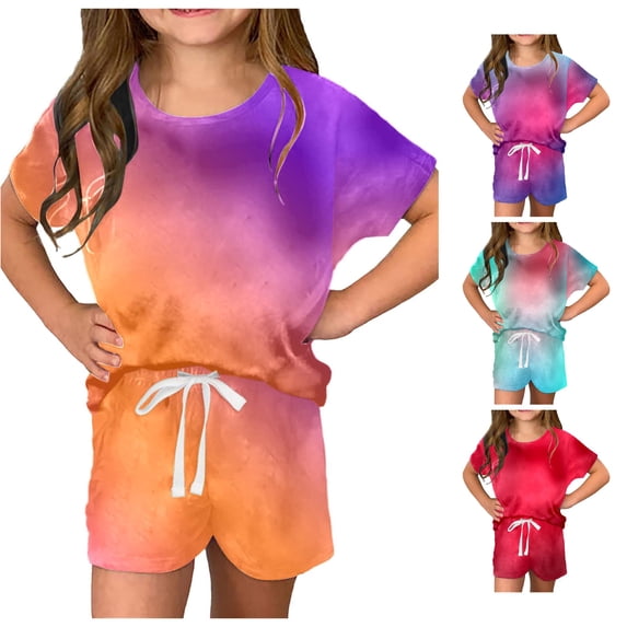 HCYSFG Girls Ombre Print Outfit Sets 2 Piece Short Sleeve Crewneck Clothing Sets T Shirt And Shorts Elastic Waist Matching Sets