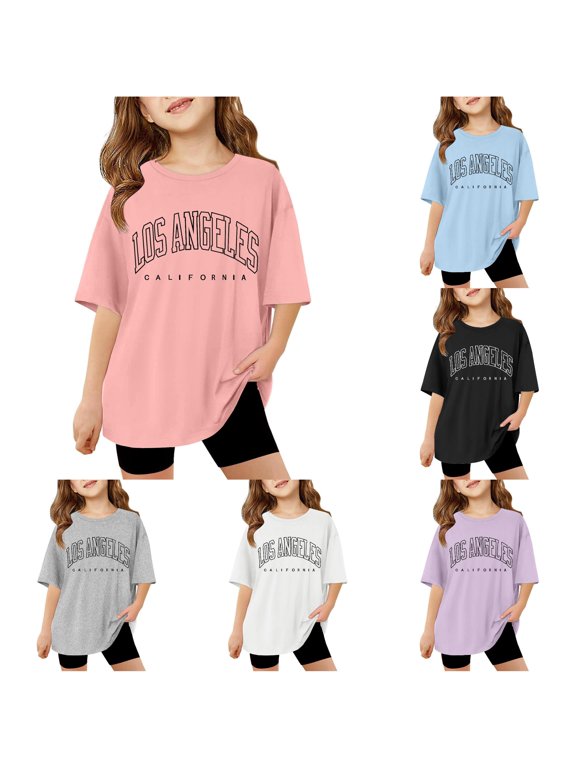 Girls Oversized T Shirt Los Angeles California Graphic Crew Neck Short Sleeve Tee Drop Shoulder Longline Casual Top