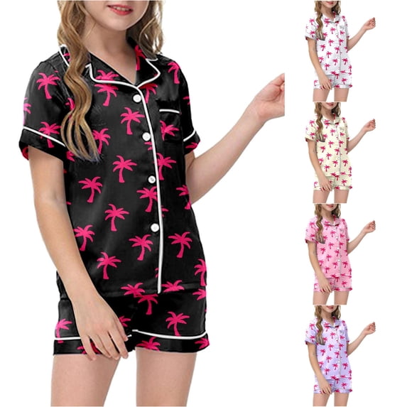 HCYSFG Girls Palm Tree Print Pajama Sets 2 Piece Notch Neck Short Sleeve Lounge Set Button Front Shirt And Shorts Chest Pocket Sleepwear Sets