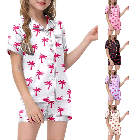 HCYSFG Girls Palm Tree Print Pajama Sets 2 Piece Notch Neck Short Sleeve Lounge Set Button Front Shirt And Shorts Chest Pocket Sleepwear Sets