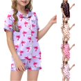 thumbnail image 1 of HCYSFG Girls Palm Tree Print Pajama Sets 2 Piece Notch Neck Short Sleeve Lounge Set Button Front Shirt And Shorts Chest Pocket Sleepwear Sets, 1 of 5