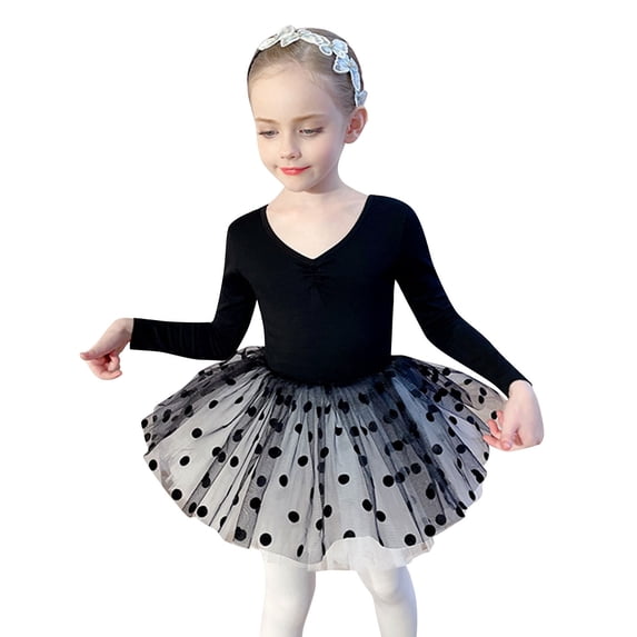 HCYSFG Girls Polka Dot Dance Outfit Sets 1 Piece V Neck Long Sleeve Performance Sets Leotard Tutu Dress Matching Sets