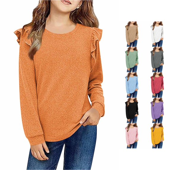 HCYSFG Girls Ruffle Sleeve T Shirt Long Sleeve Crewneck Pullover Fall Winter Daily Casual School Active Loose Fit Top