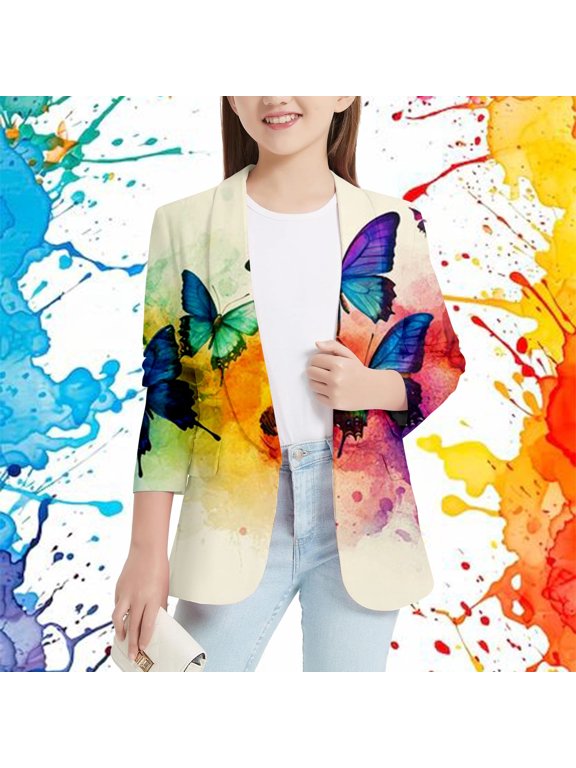 Girls Short Sleeve Blazers V Neck Colorful Tie Dye Splatter Graphic Coats Trend Casual Summer Outerwear for Kids School