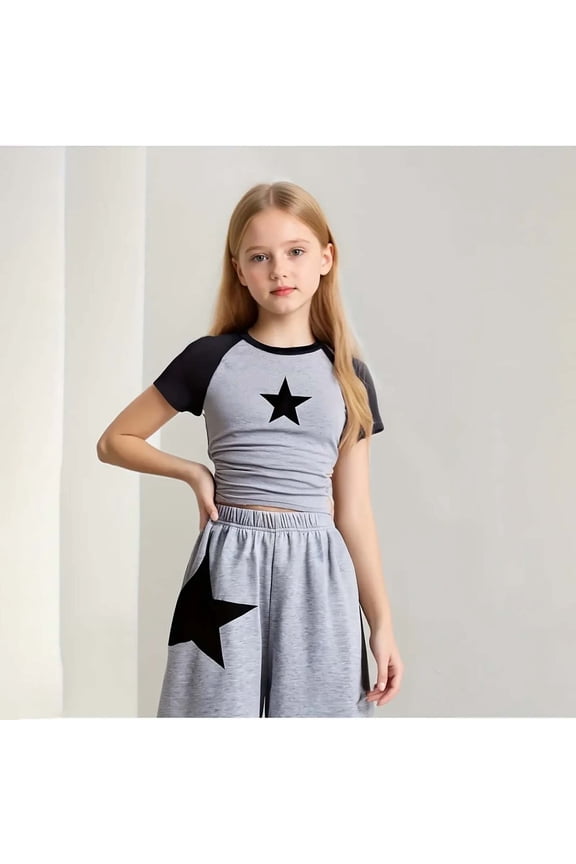Girls Slim Fit Crew Neck Short Sleeve Tops Star Celestial Pattern Print Raglan Sleeve T-Shirts Trendy Tees 5-14Years