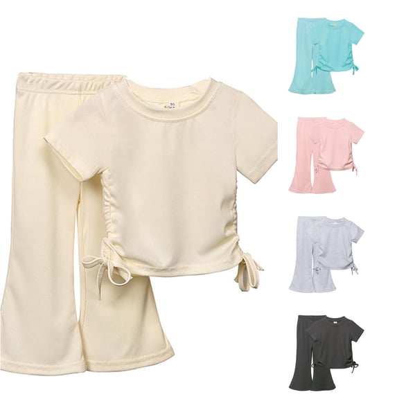 HCYSFG Girls Solid Color Outfit Sets 2 Piece Ruched Crop Top And Flare Pants Clothing Sets Crewneck Short Sleeve Matching Sets