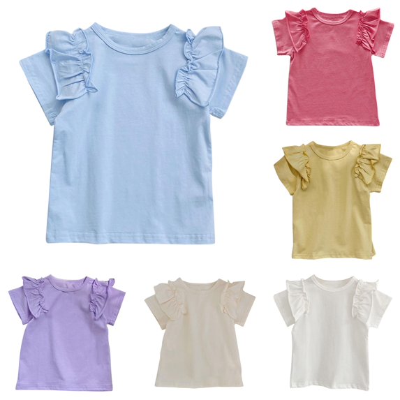 HCYSFG Girls Solid Color T Shirts Crewneck Short Ruffle Sleeve Layered Shoulder Detail Regular Fit Casual Blouse Summer Tops