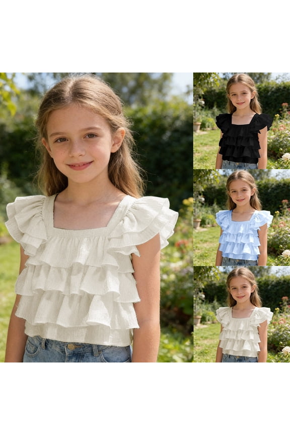 Girls Square Neck Short Sleeve Tops Solid Plain Color Ruffle Trim Flutter Sleeve T-Shirts Fashion Shirts Tees 2-16Y