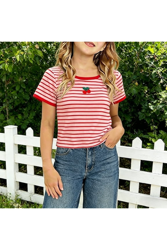 Girls Square Neck Short Sleeve Tops Striped Pattern Classic Line Graphic T-Shirts Summer Apparel Tees 6M-7Y