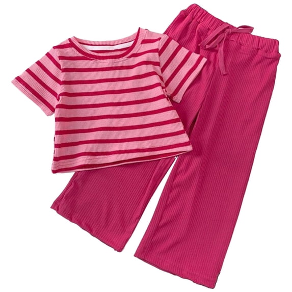 HCYSFG Girls Striped Outfit Sets 2 Piece Short Sleeve Crewneck Clothing Sets Crop T Shirt And Wide Leg Pants Drawstring Waist Ribbed Matching Sets