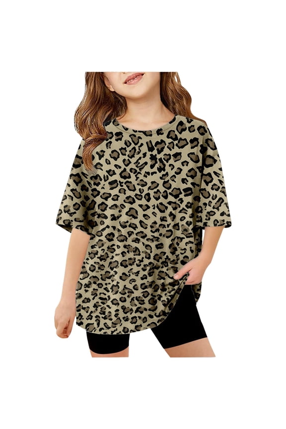 Girls Summer Crew Neck Short Sleeve Tops Leopard Cheetah Animal Pattern Drop Shoulder T-Shirts Casual Trendy Tees 5-14 Years
