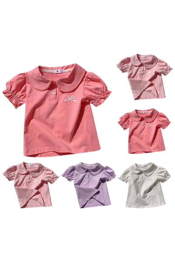 Girls Summer Notch Neck Short Sleeve Tops Solid Plain Thin Fabric Bow Knot T-Shirts Lantern Sleeve Shirts Tees