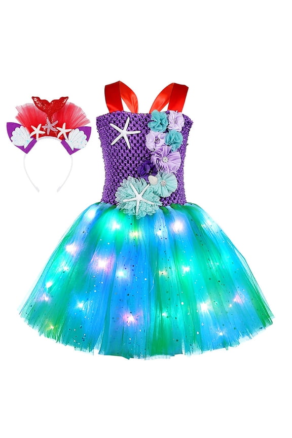 Girls Summer Princess Dress Square Neck Sleeveless Flower Decor LED Light Mesh with Headband Cute Breathable Soft Loose Fit Kids Casual Dress