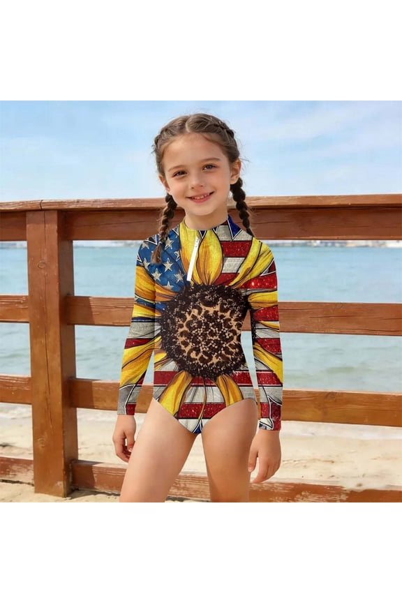 Girls Swimsuit 1 Piece Bathing Suit Independence Day Glory Flag Print July 4th Rash Guard 250th Anniversary Swimwear