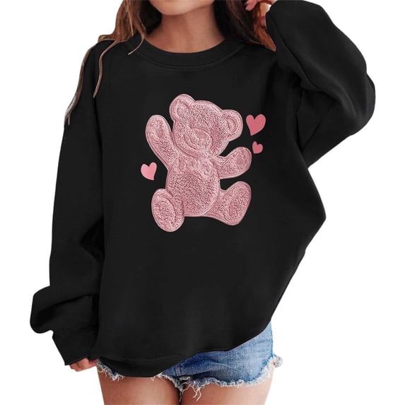 HCYSFG Girls Teddy Bear Graphic Sweatshirts Crewneck Long Sleeve Loose Fit Casual Shirts Drop Shoulder Ribbed Pullover Tops