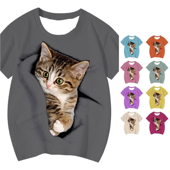 HCYSFG Girls Top Cute Cartoon Kitty Cat Graphic T-Shirt Crew Neck Short Sleeve Lovable Animal Printed Summer Casual Shirt