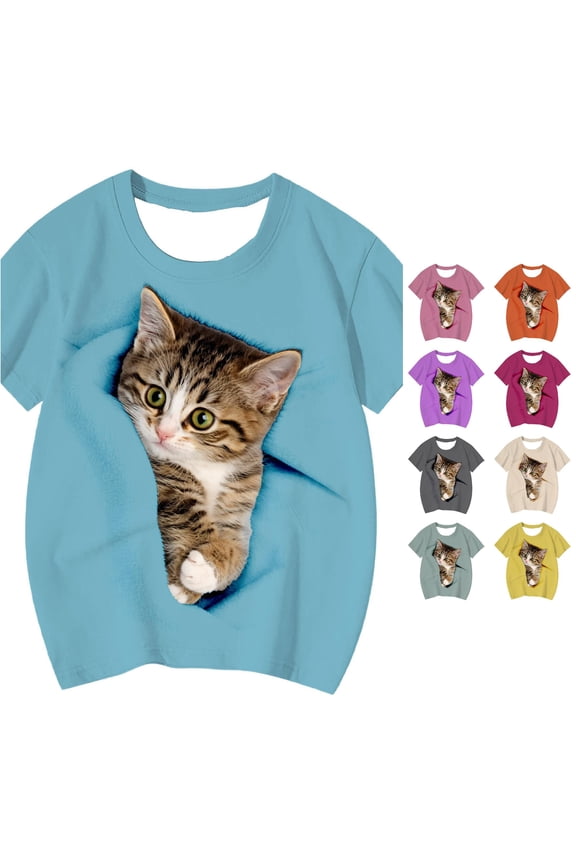 Girls Top Cute Cartoon Kitty Cat Graphic T-Shirt Crew Neck Short Sleeve Lovable Animal Printed Summer Casual Shirt