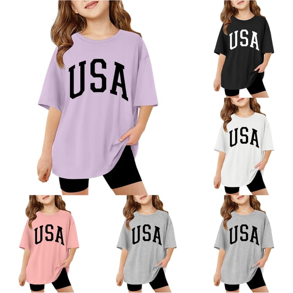 HCYSFG Girls USA T Shirts Collegiate Letter Graphic Crewneck Elbow Sleeve Oversized Loose Fit Graphic Tees Summer Tops