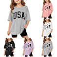 thumbnail image 1 of HCYSFG Girls USA T Shirts Collegiate Letter Graphic Crewneck Elbow Sleeve Oversized Loose Fit Graphic Tees Summer Tops, 1 of 6