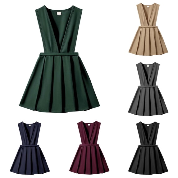 HCYSFG Girls V Neck School Uniform Jumper Dress Sleeveless Solid Color Structured Waist Uniform Dress Pleated A Line Back To School Pinafore Dress