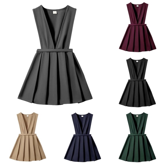 HCYSFG Girls V Neck School Uniform Jumper Dress Sleeveless Solid Color Structured Waist Uniform Dress Pleated A Line Back To School Pinafore Dress