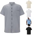 thumbnail image 1 of HCYSFG Men's Relaxed Fit Top with Notch Neck Short Sleeve Button Up Casual Shirt Solid Color Summer Beach Henley Spread Collar Classic Tee, 1 of 7