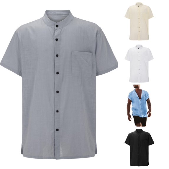 HCYSFG Men's Relaxed Fit Top with Notch Neck Short Sleeve Button Up Casual Shirt Solid Color Summer Beach Henley Spread Collar Classic Tee