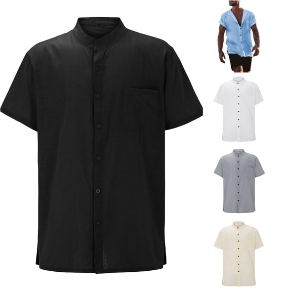 HCYSFG Men's Relaxed Fit Top with Notch Neck Short Sleeve Button Up Casual Shirt Solid Color Summer Beach Henley Spread Collar Classic Tee