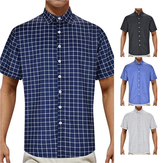 HCYSFG Mens Big And Tall Plaid Shirt Windowpane Print Button Front Notch Neck Short Sleeve Relaxed Fit Casual Top Summer Dress Shirt