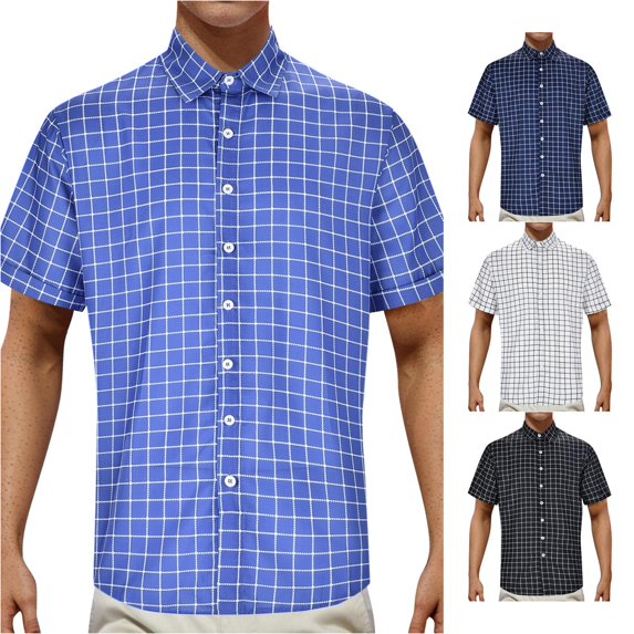 HCYSFG Mens Big And Tall Plaid Shirt Windowpane Print Button Front Notch Neck Short Sleeve Relaxed Fit Casual Top Summer Dress Shirt