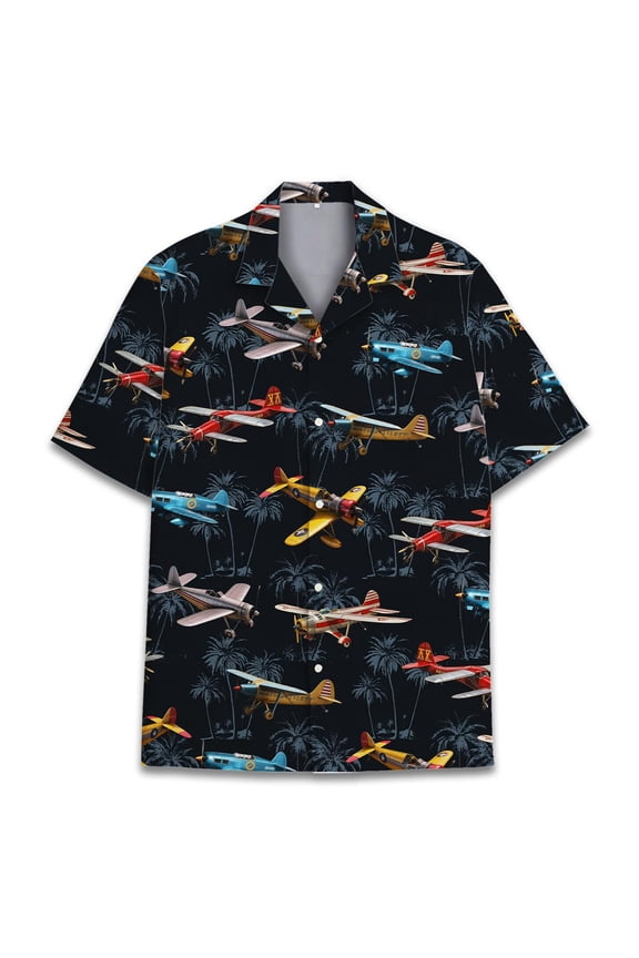 Mens Oversized Airplane shirt Notch Neck Button Down top Casual Short Sleeve Summer Fashion Modern Trendy Style Tee