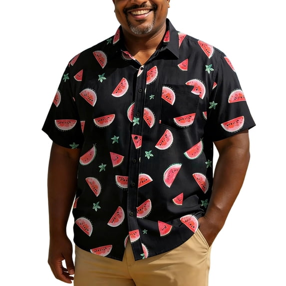 HCYSFG Mens Watermelon Print top Notch Neck Button Down Pocket shirt Casual Short Sleeve Summer Fashion Beach Holiday Style Shirt