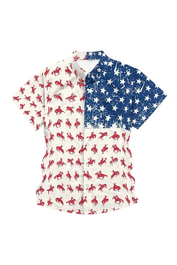 Mens Western Star Shirt Rodeo Cowboy Print Button Front Notch Neck Short Sleeve Patriotic Casual Top Summer Dress Shirt