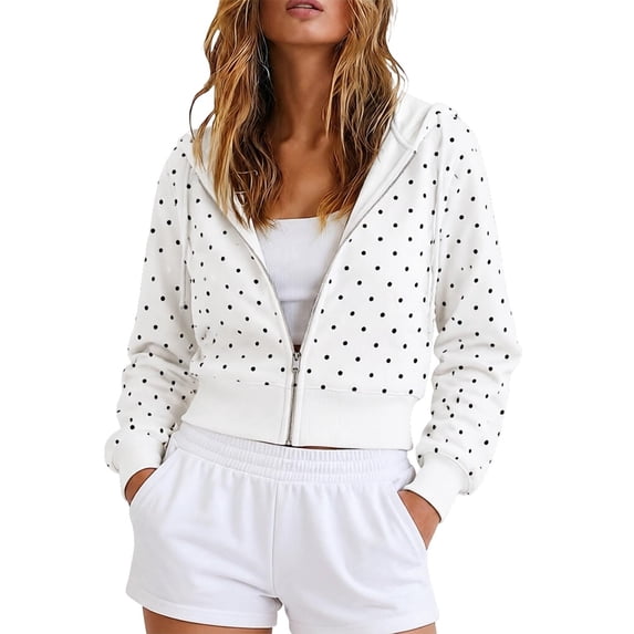 HCYSFG Polka Dot Jacket For Women Drawstring Hooded Long Sleeve Full Zip Fleece Thermal Soft Loose Fit Y2K Streetwear Crop Winter Sweatshirts
