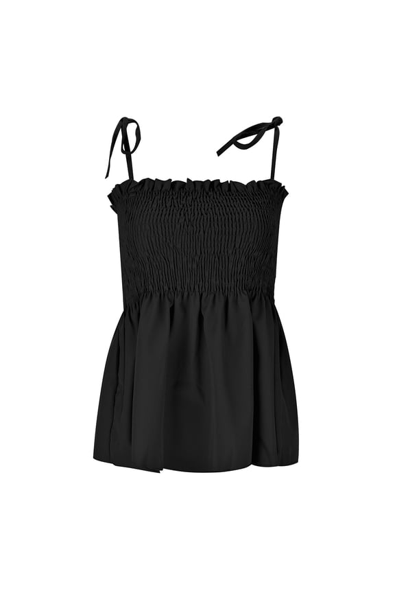 Ruffle Smocked Tank Tops for Women Summer Square Neck Sleeveless Tops Tie Shoulder Spaghetti Strap Blouse Peplum Cami Shirts