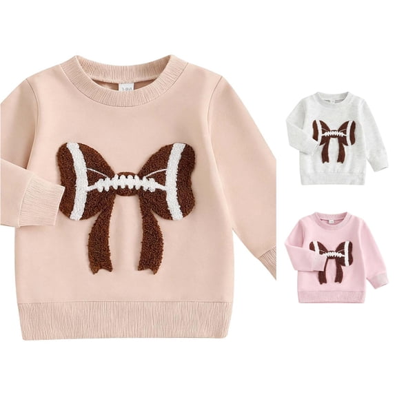 HCYSFG Toddler Girls Embroidered Sweatshirts Football Bow Crewneck Long Sleeve Pullover Tops Ribbed Loose Fit Casual Shirts