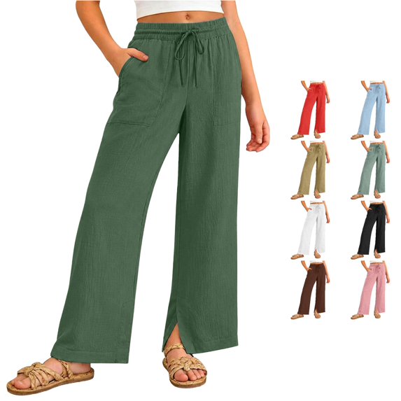 HCYSFG Uniform Pants For Girls Back To School Solid Color Elastic Waist Side Pocket Wide Leg Trousers Casual School Wear Pants