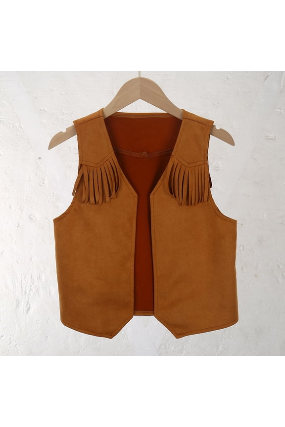 Western Cowboy Style V Neck Sleeveless Tops Tassel Fringe Trim Accent Solid T-Shirts Retro Vest Armor Tees