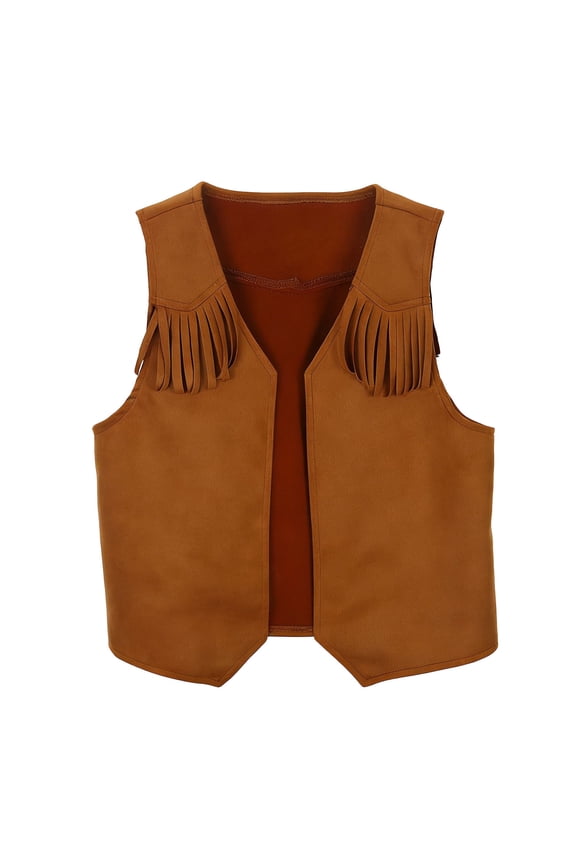 Western Cowboy Style V Neck Sleeveless Tops Tassel Fringe Trim Accent Solid T-Shirts Retro Vest Armor Tees