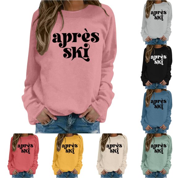 HCYSFG Women Apres Ski Sweatshirt Retro Letter Print Long Sleeve Crewneck Pullover Loose Fit Casual Fall Winter Daily Basic Top