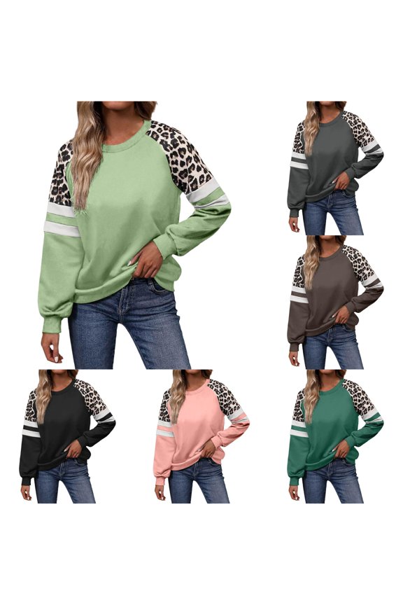 Women Color Block Sweatshirt Leopard Print Raglan Long Sleeve Crewneck Pullover Loose Fit Casual Fall Winter Daily Top