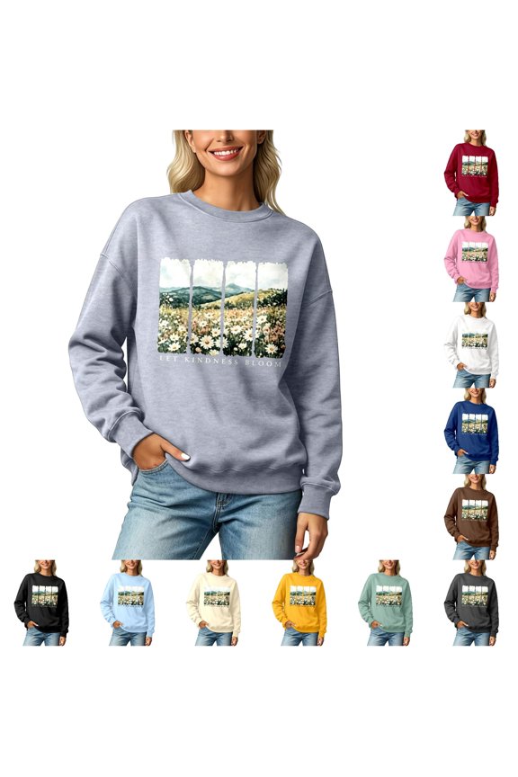 Women Crewneck Sweatshirt Daisy Flower Field Landscape Graphic Long Sleeve Pullover Fall Winter Outdoor Fashion Loose Fit Top