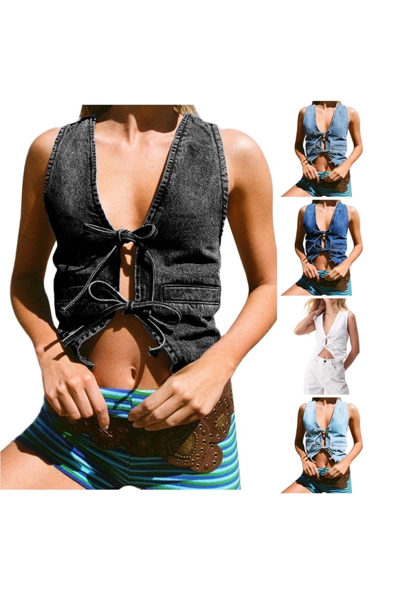 Women Denim Tie Front Vest Tank Fashion Slim Fit Cropped Sleeveless Top Classic Vintage Club Party Music Festival Rave T-Shirt