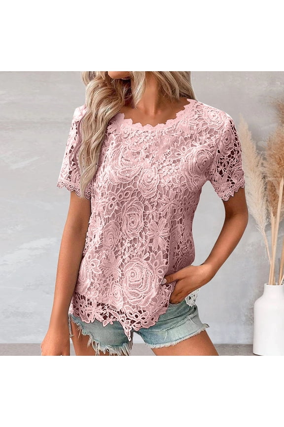 Women Double Layer Shirt Short Sleeve Crew Neck Lace Crochet Oversized Daily Wear Summer Breathable Soft Tee Comfort Casual Elegant Top
