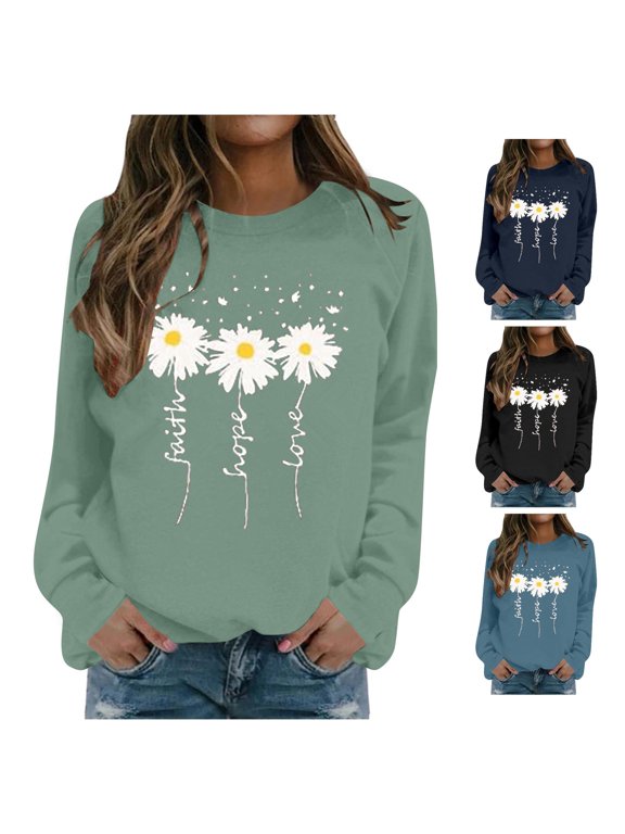 Women Faith Hope Love Sweatshirt Daisy Flower Floral Graphic Print Crewneck Long Sleeve Casual Pullover Loose Fall Winter Top